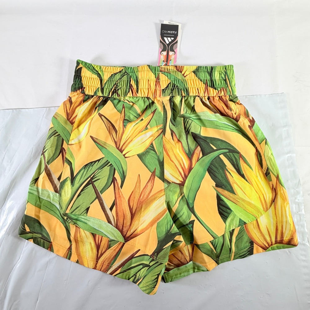 Adidas x Farm Rio Pacer Shorts Yellow Tropical Bird of Paradise S NWT - Picture 2 of 9